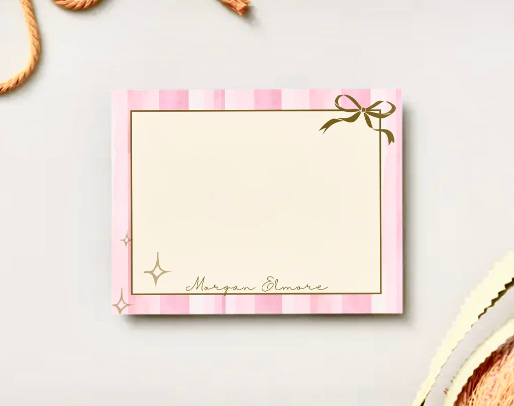 Custom Pink & Gold Stripe Personalized Stationery | Elegant Blank Note Sheets