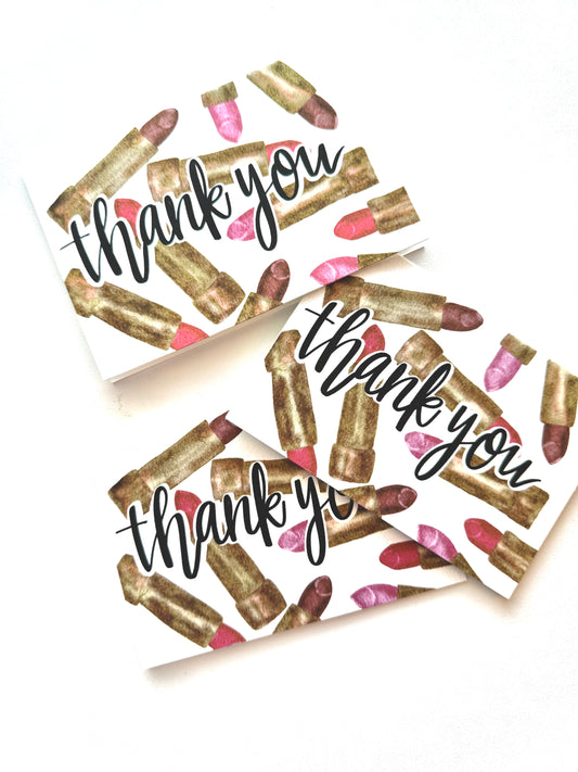 Lipstick Thank You Card Set | Makeup Themed A2 Appreciation Stationery with Envelopes